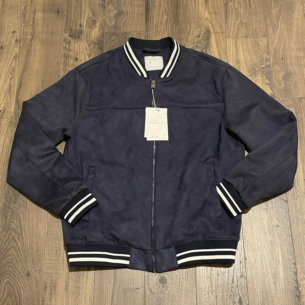 Denim & Flower Ricky Singh Men XL Navy Blue Faux Suede Varsity Bomber Jacket NEW